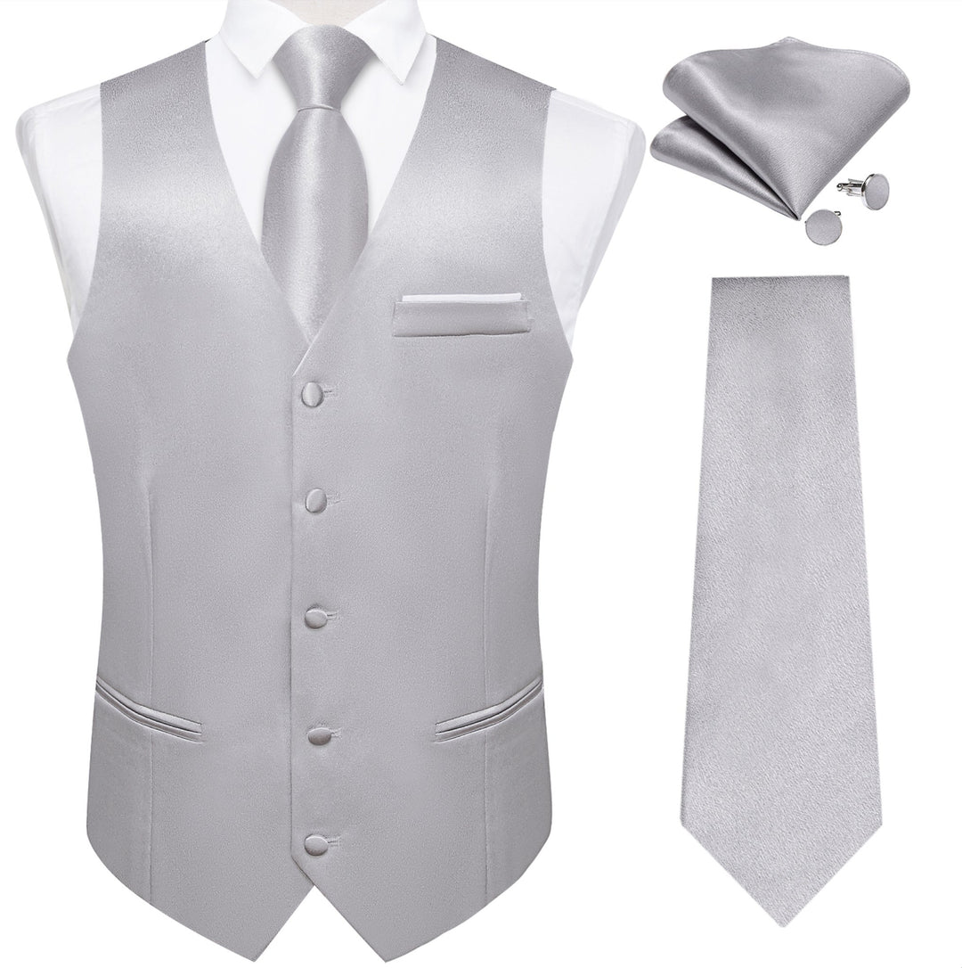 Grey Solid Satin Waistcoat Vest Tie Handkerchief Cufflinks Set- MJ-0636 - SimonVon Shop