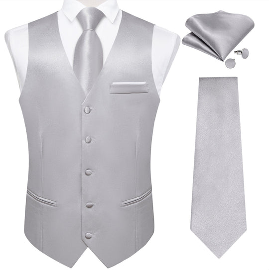 Grey Solid Satin Waistcoat Vest Tie Handkerchief Cufflinks Set- MJ-0636 - SimonVon Shop