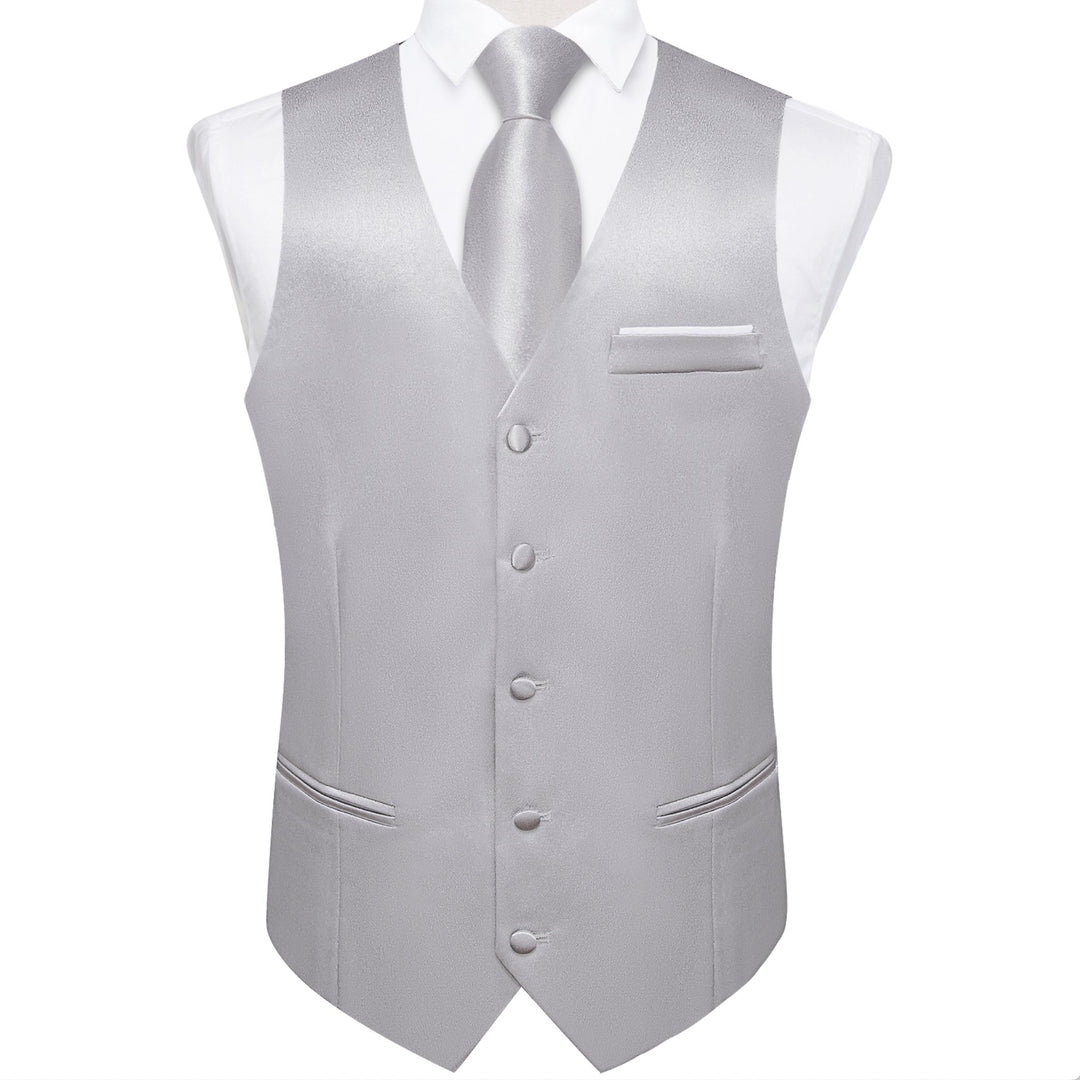 Grey Solid Satin Waistcoat Vest Tie Handkerchief Cufflinks Set- MJ-0636 - SimonVon Shop