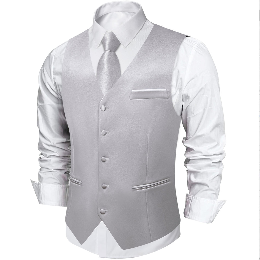 Grey Solid Satin Waistcoat Vest Tie Handkerchief Cufflinks Set- MJ-0636 - SimonVon Shop