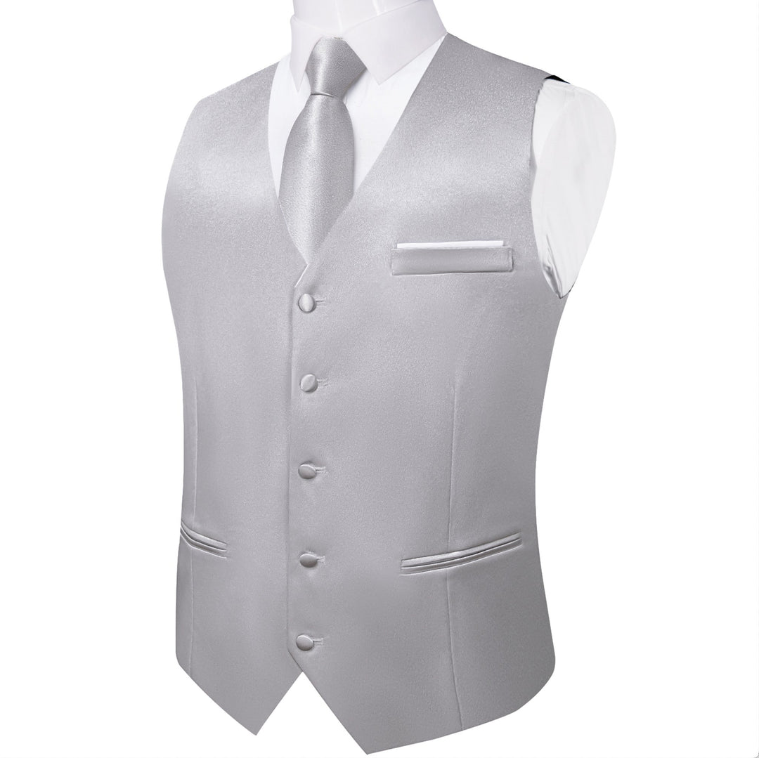 Grey Solid Satin Waistcoat Vest Tie Handkerchief Cufflinks Set- MJ-0636 - SimonVon Shop