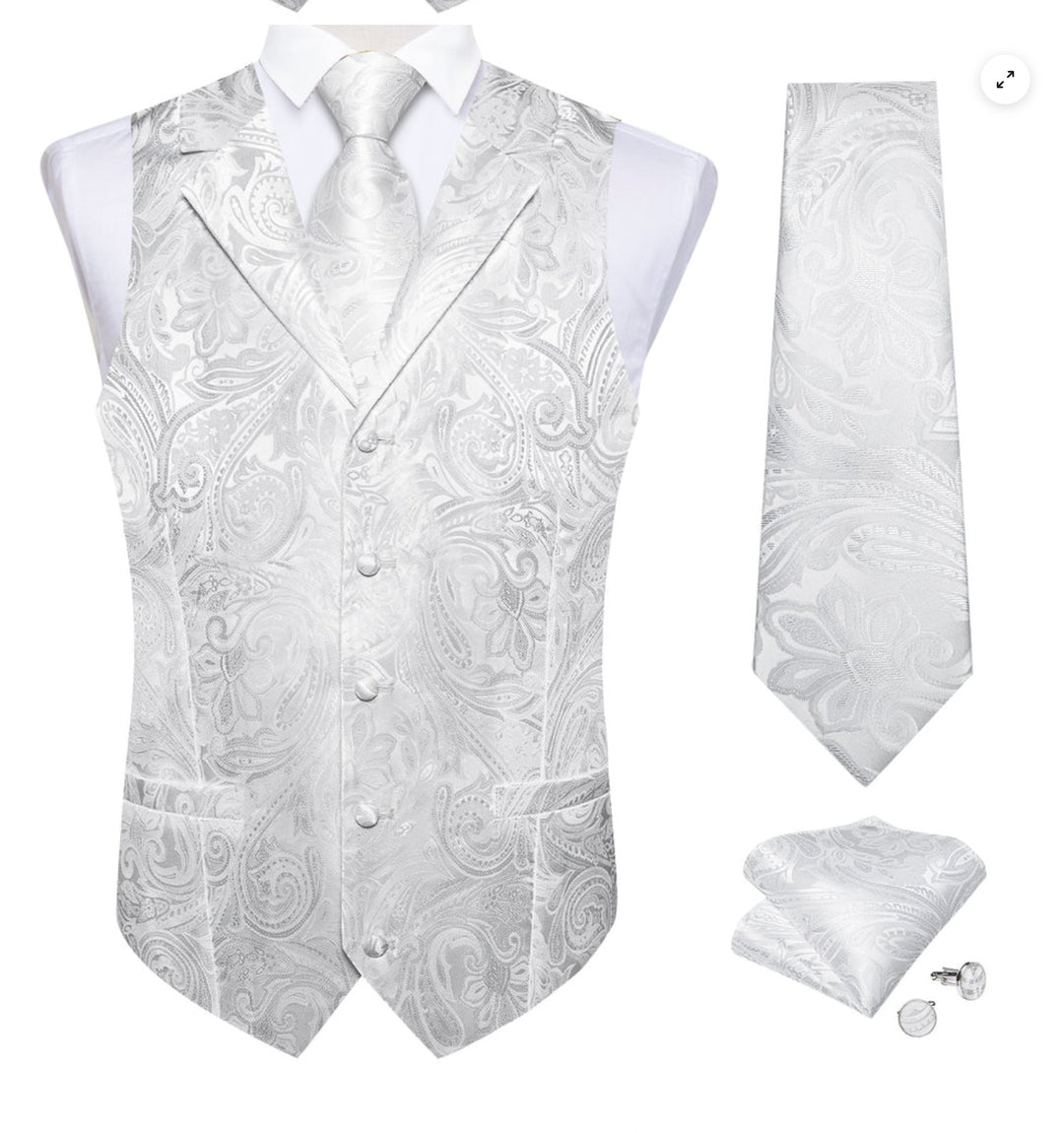 GREY WHITE FLORAL JACQUARD V NECK WAISTCOAT VEST NECKTIE POCKET SQUARE CUFFLINKS SET- MJ-0507 - SimonVon Shop