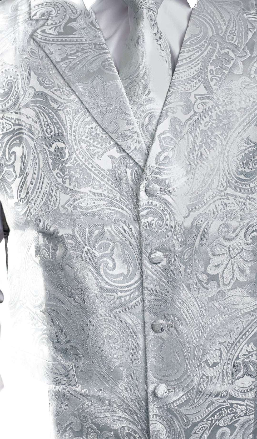 GREY WHITE FLORAL JACQUARD V NECK WAISTCOAT VEST NECKTIE POCKET SQUARE CUFFLINKS SET- MJ-0507 - SimonVon Shop