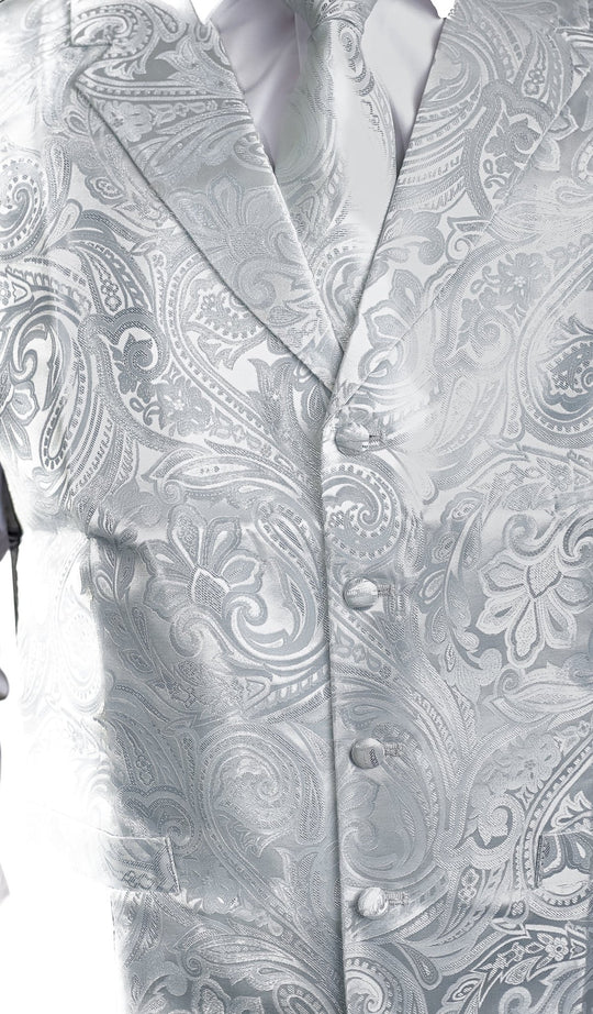 GREY WHITE FLORAL JACQUARD V NECK WAISTCOAT VEST NECKTIE POCKET SQUARE CUFFLINKS SET- MJ-0507 - SimonVon Shop