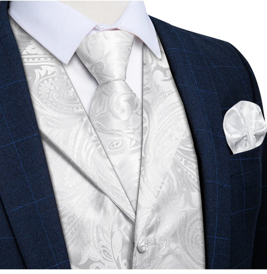 GREY WHITE FLORAL JACQUARD V NECK WAISTCOAT VEST NECKTIE POCKET SQUARE CUFFLINKS SET- MJ-0507 - SimonVon Shop