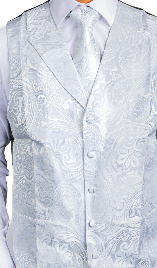 GREY WHITE FLORAL JACQUARD V NECK WAISTCOAT VEST NECKTIE POCKET SQUARE CUFFLINKS SET- MJ-0507 - SimonVon Shop