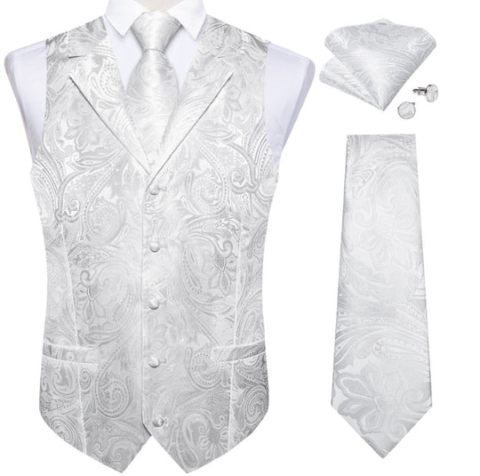 GREY WHITE FLORAL JACQUARD V NECK WAISTCOAT VEST NECKTIE POCKET SQUARE CUFFLINKS SET- MJ-0507 - SimonVon Shop