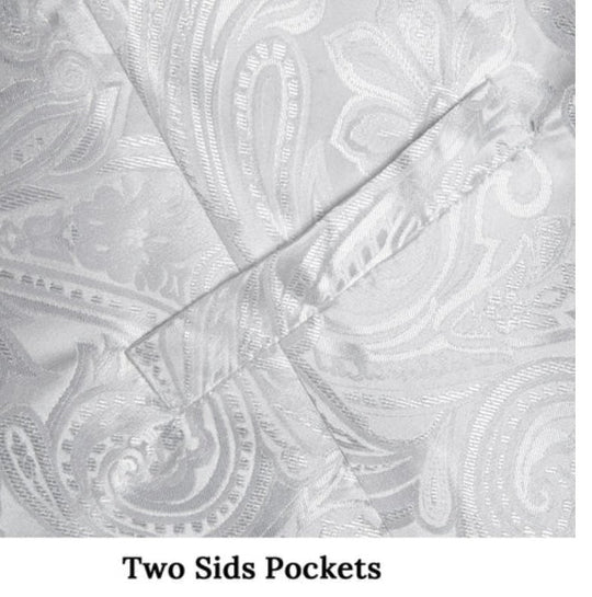 GREY WHITE FLORAL JACQUARD V NECK WAISTCOAT VEST NECKTIE POCKET SQUARE CUFFLINKS SET- MJ-0507 - SimonVon Shop