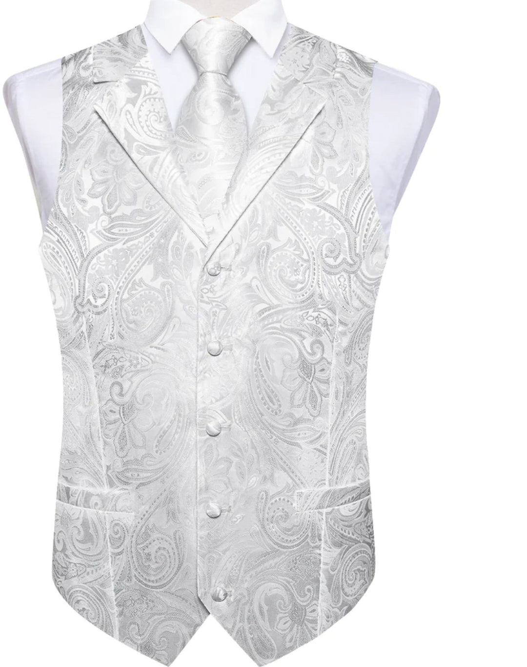 GREY WHITE FLORAL JACQUARD V NECK WAISTCOAT VEST NECKTIE POCKET SQUARE CUFFLINKS SET- MJ-0507 - SimonVon Shop
