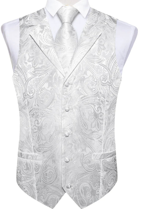 GREY WHITE FLORAL JACQUARD V NECK WAISTCOAT VEST NECKTIE POCKET SQUARE CUFFLINKS SET- MJ-0507 - SimonVon Shop