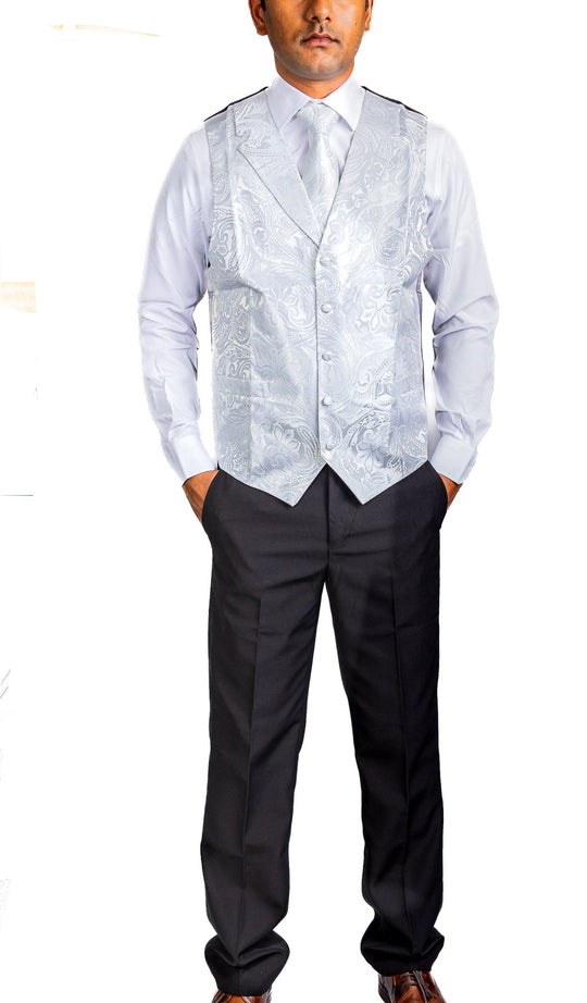 GREY WHITE FLORAL JACQUARD V NECK WAISTCOAT VEST NECKTIE POCKET SQUARE CUFFLINKS SET- MJ-0507 - SimonVon Shop
