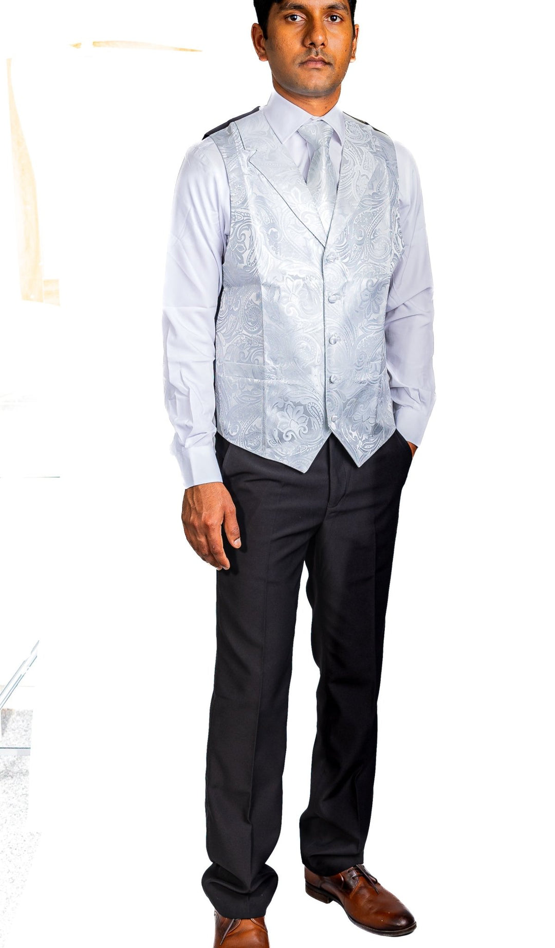 GREY WHITE FLORAL JACQUARD V NECK WAISTCOAT VEST NECKTIE POCKET SQUARE CUFFLINKS SET- MJ-0507 - SimonVon Shop