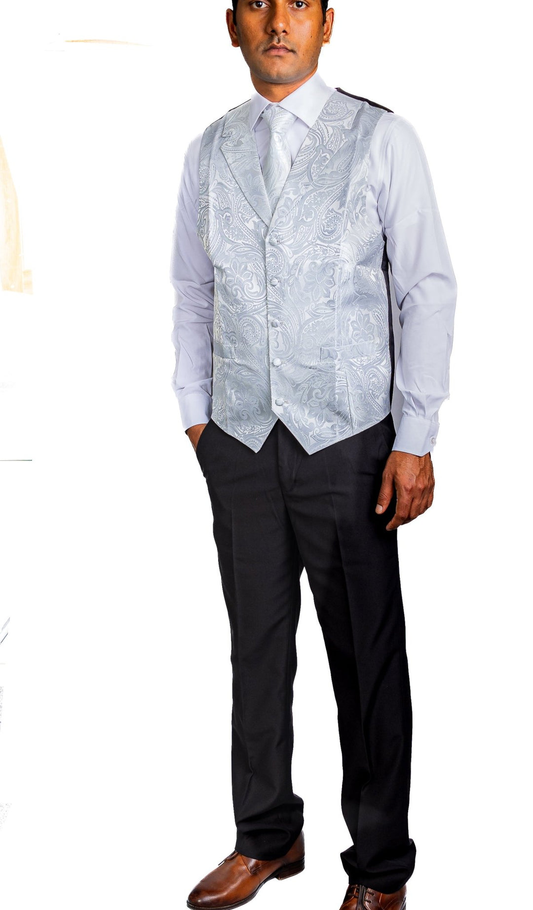 GREY WHITE FLORAL JACQUARD V NECK WAISTCOAT VEST NECKTIE POCKET SQUARE CUFFLINKS SET- MJ-0507 - SimonVon Shop