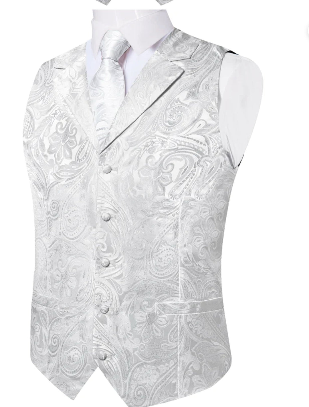 GREY WHITE FLORAL JACQUARD V NECK WAISTCOAT VEST NECKTIE POCKET SQUARE CUFFLINKS SET- MJ-0507 - SimonVon Shop