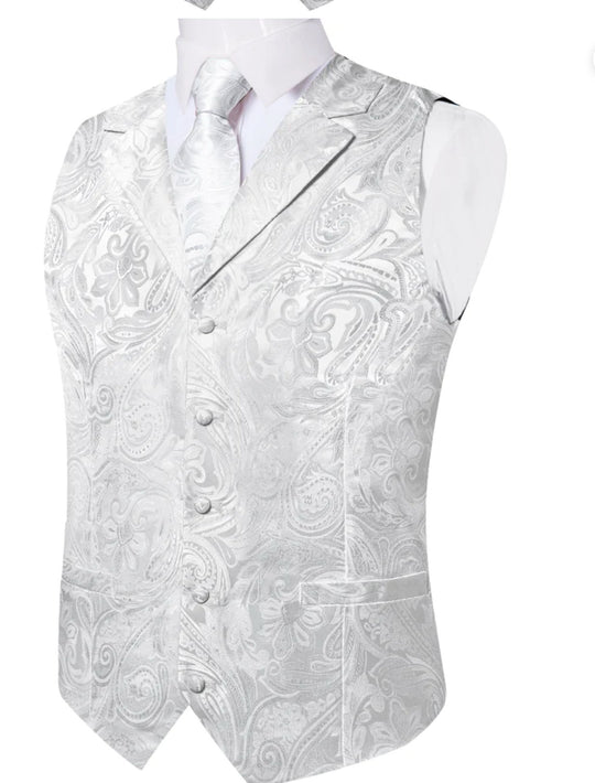 GREY WHITE FLORAL JACQUARD V NECK WAISTCOAT VEST NECKTIE POCKET SQUARE CUFFLINKS SET- MJ-0507 - SimonVon Shop