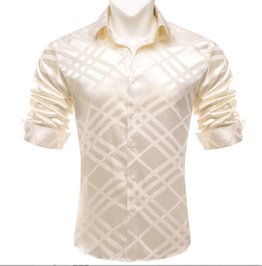 Ivory Plaid Striped Silk Men's Shirt- CY-0695 - SimonVon Shop