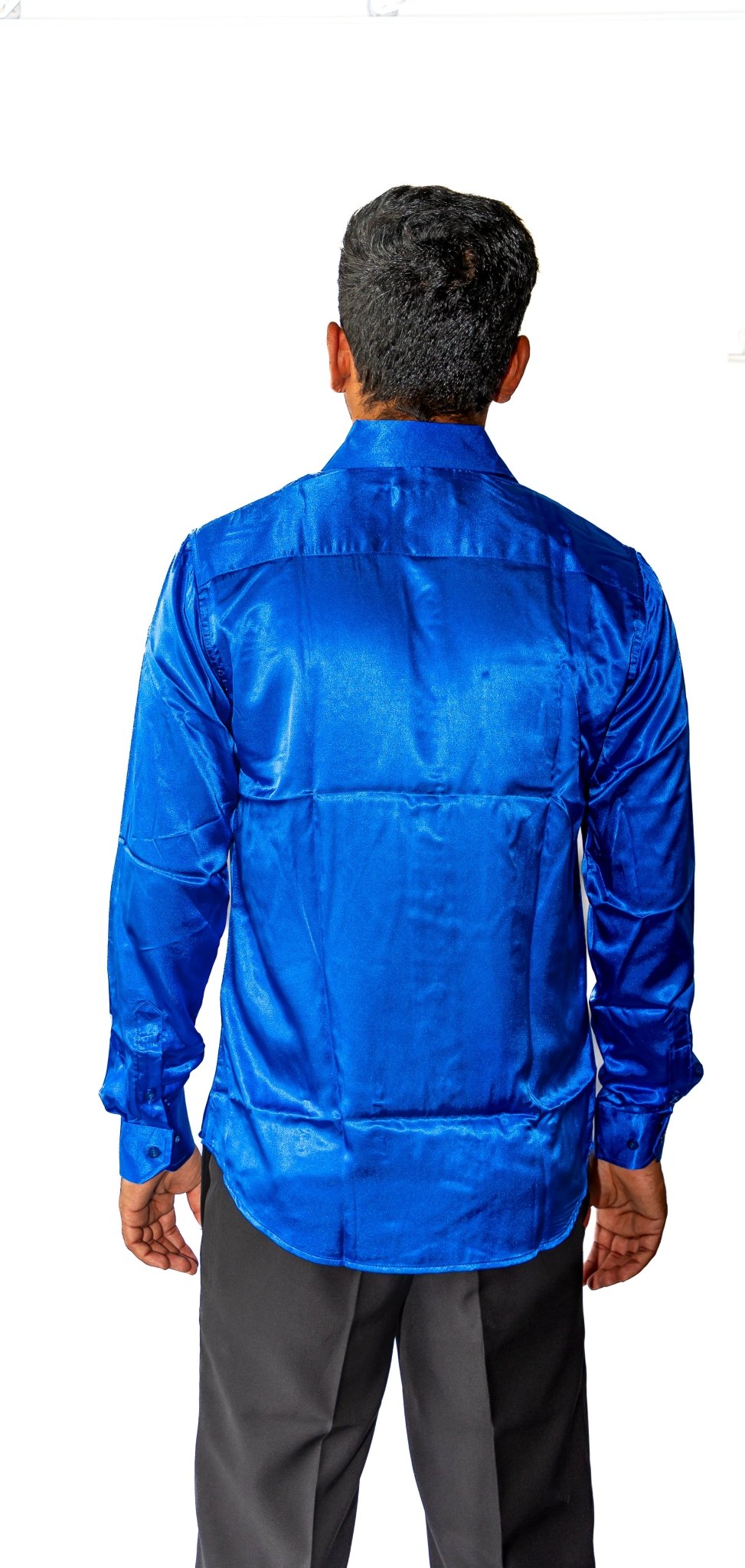Klein Blue Solid Satin Silk Men's Long Sleeve Dress Shirt- CY-0539 - SimonVon Shop