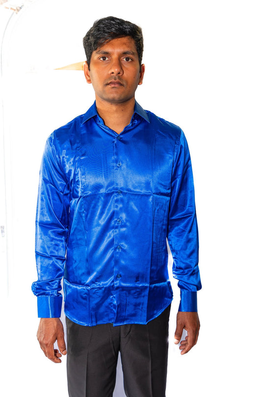 Klein Blue Solid Satin Silk Men's Long Sleeve Dress Shirt- CY-0539 - SimonVon Shop