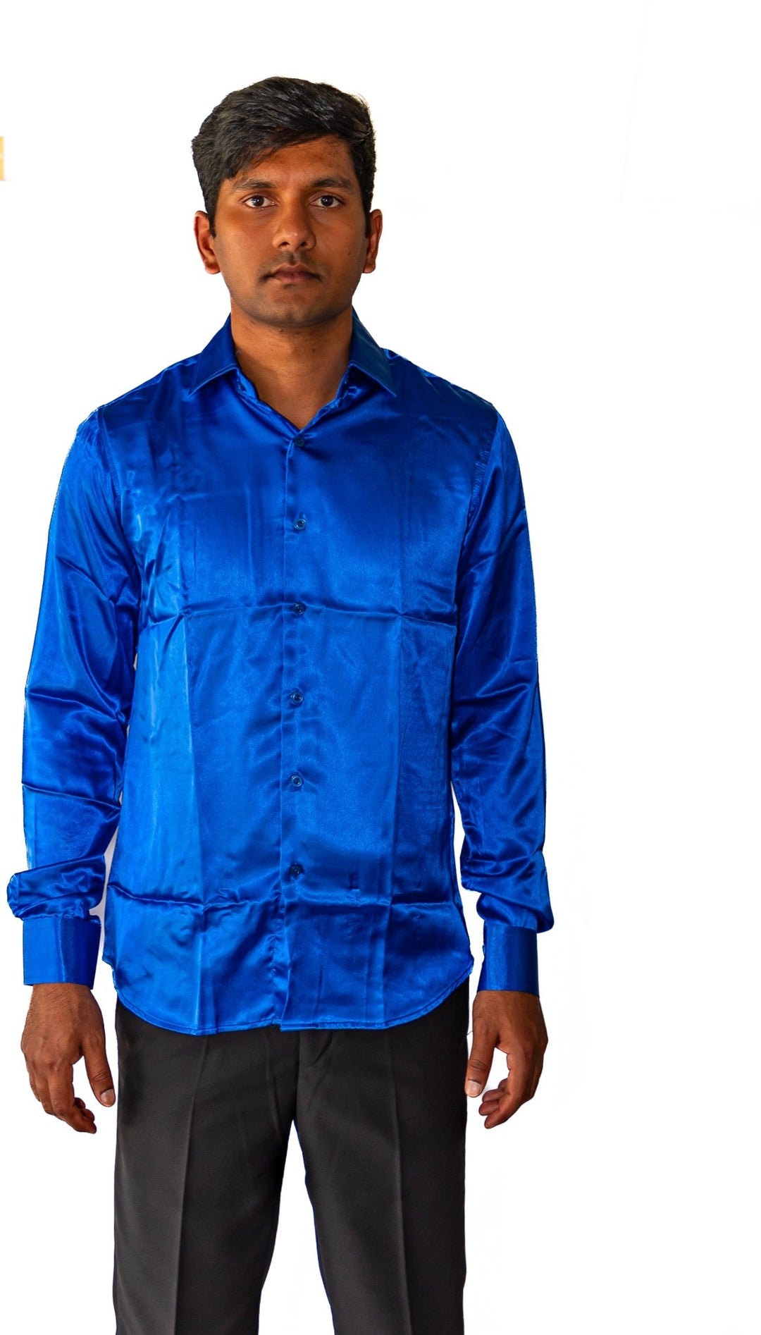 Klein Blue Solid Satin Silk Men's Long Sleeve Dress Shirt- CY-0539 - SimonVon Shop