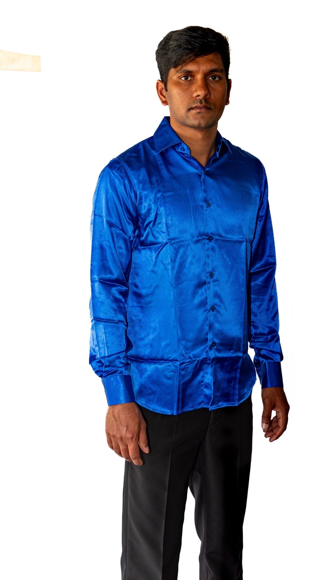 Klein Blue Solid Satin Silk Men's Long Sleeve Dress Shirt- CY-0539 - SimonVon Shop