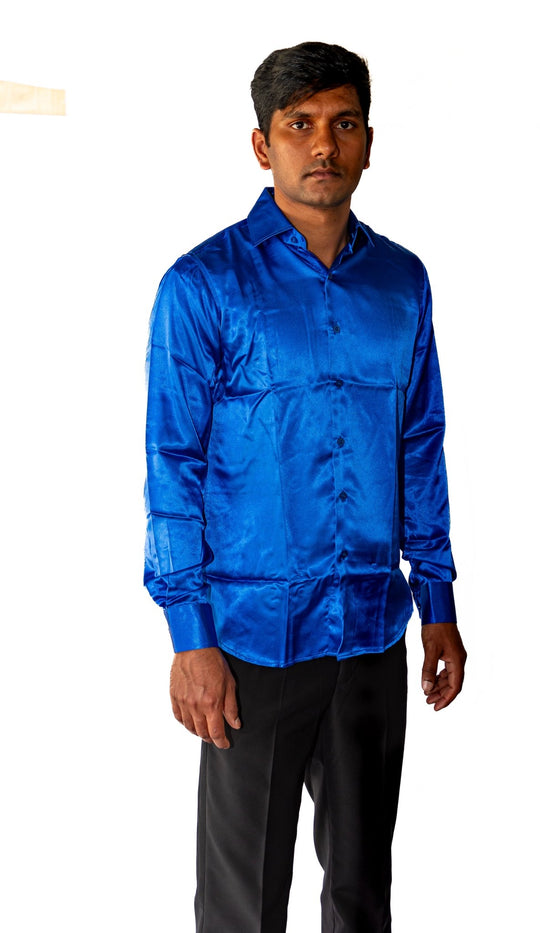 Klein Blue Solid Satin Silk Men's Long Sleeve Dress Shirt- CY-0539 - SimonVon Shop