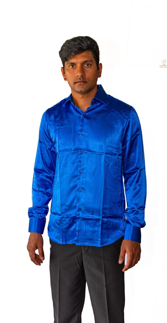 Klein Blue Solid Satin Silk Men's Long Sleeve Dress Shirt- CY-0539 - SimonVon Shop