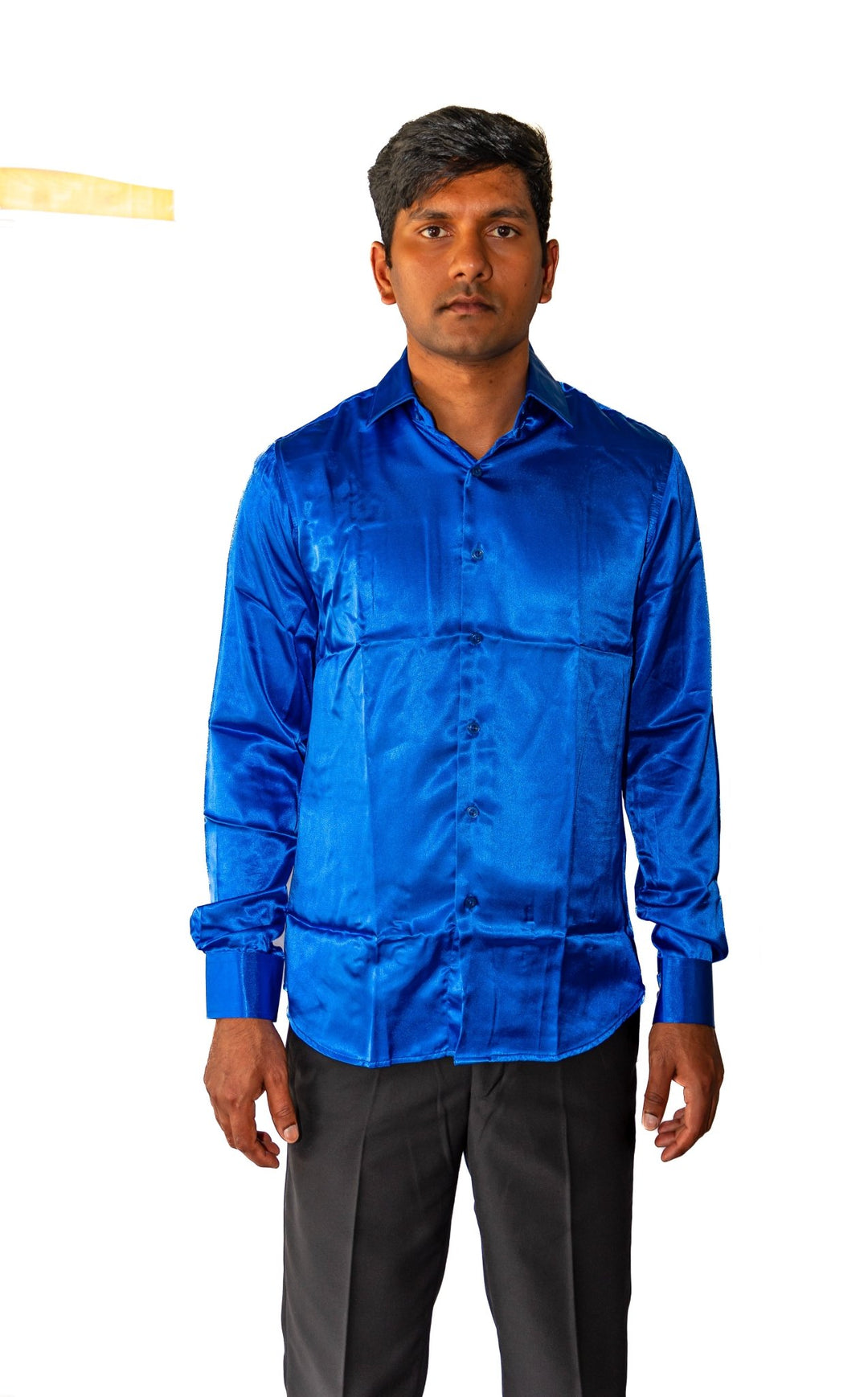 Klein Blue Solid Satin Silk Men's Long Sleeve Dress Shirt- CY-0539 - SimonVon Shop