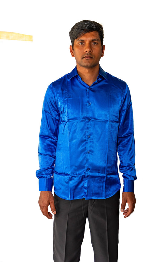 Klein Blue Solid Satin Silk Men's Long Sleeve Dress Shirt- CY-0539 - SimonVon Shop