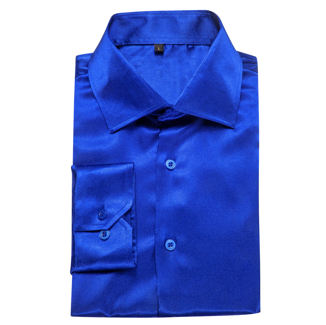 Klein Blue Solid Satin Silk Men's Long Sleeve Dress Shirt- CY-0539 - SimonVon Shop