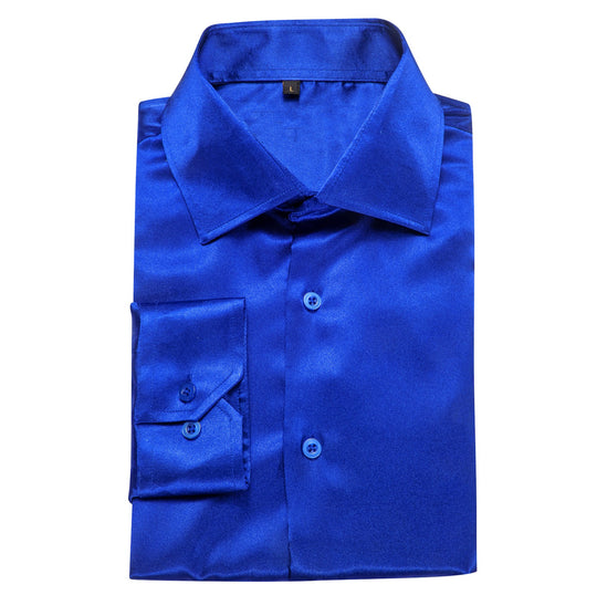 Klein Blue Solid Satin Silk Men's Long Sleeve Dress Shirt- CY-0539 - SimonVon Shop