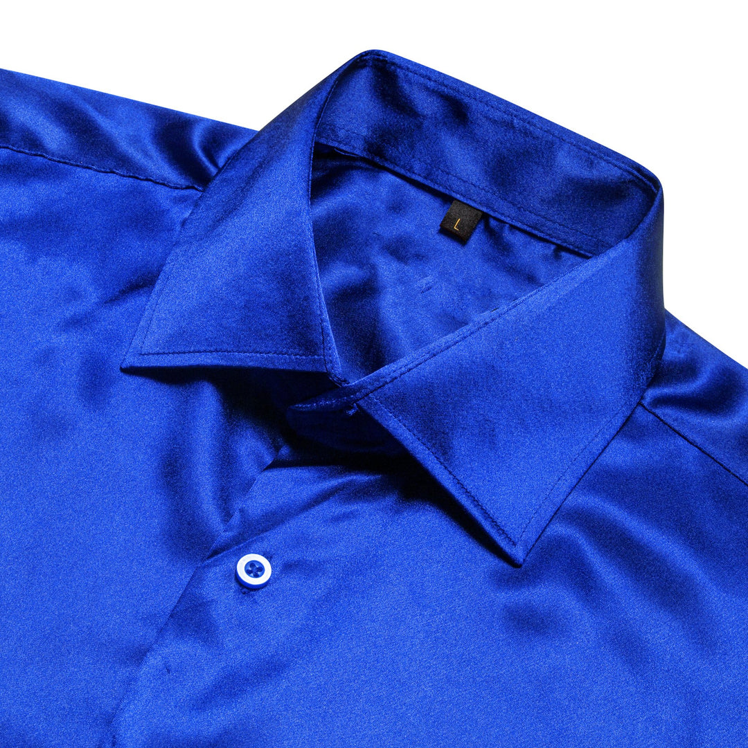 Klein Blue Solid Satin Silk Men's Long Sleeve Dress Shirt- CY-0539 - SimonVon Shop