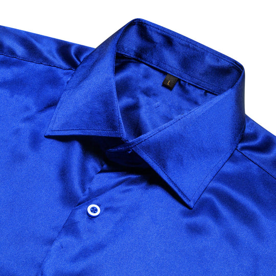 Klein Blue Solid Satin Silk Men's Long Sleeve Dress Shirt- CY-0539 - SimonVon Shop