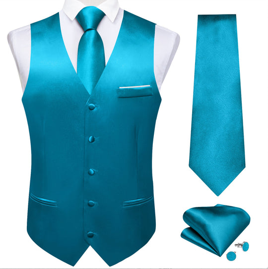 Light Blue Solid Satin Waistcoat Vest Tie Handkerchief Cufflinks Set-MJ-0635 - SimonVon Shop