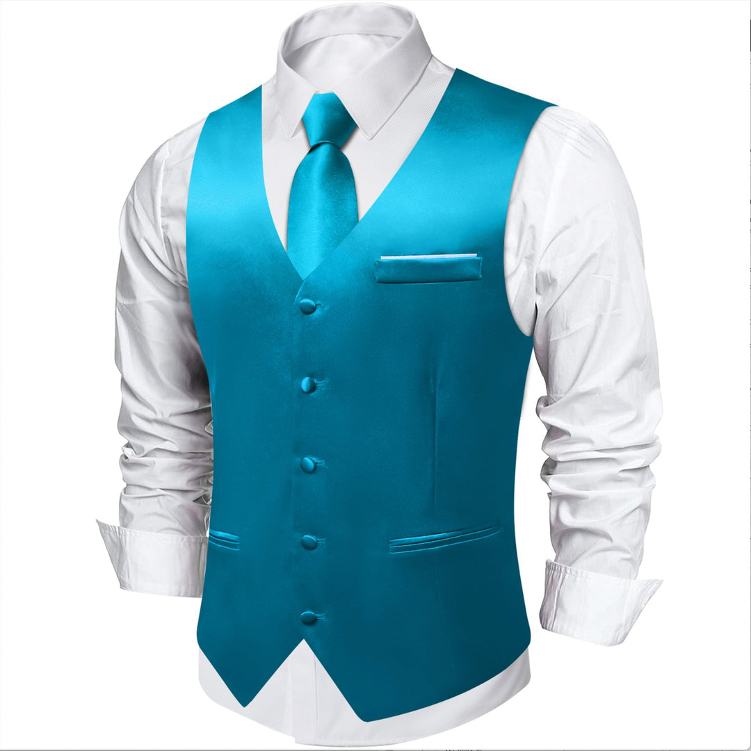 Light Blue Solid Satin Waistcoat Vest Tie Handkerchief Cufflinks Set-MJ-0635 - SimonVon Shop