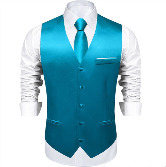 Light Blue Solid Satin Waistcoat Vest Tie Handkerchief Cufflinks Set-MJ-0635 - SimonVon Shop