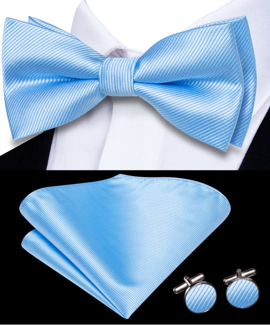 Light Blue Striped Pre-tied Bow Tie Hanky Cufflinks Set-LH-2514 - SimonVon Shop