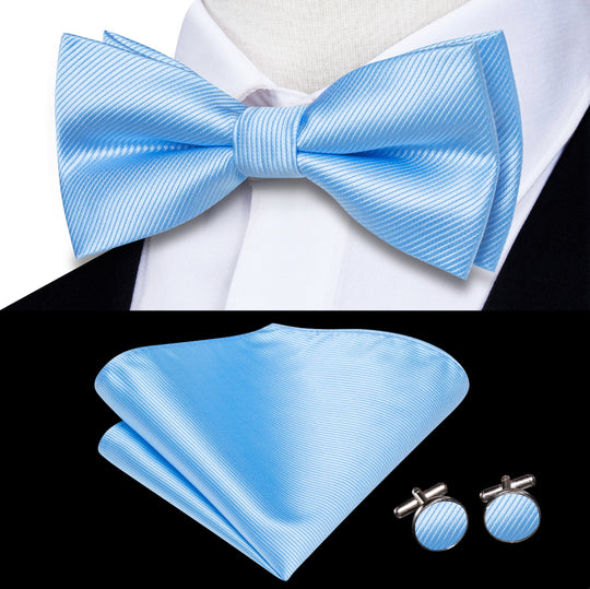 Light Blue Striped Pre-tied Bow Tie Hanky Cufflinks Set-LH-2514 - SimonVon Shop