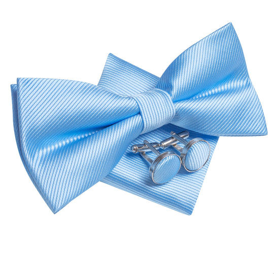 Light Blue Striped Pre-tied Bow Tie Hanky Cufflinks Set-LH-2514 - SimonVon Shop