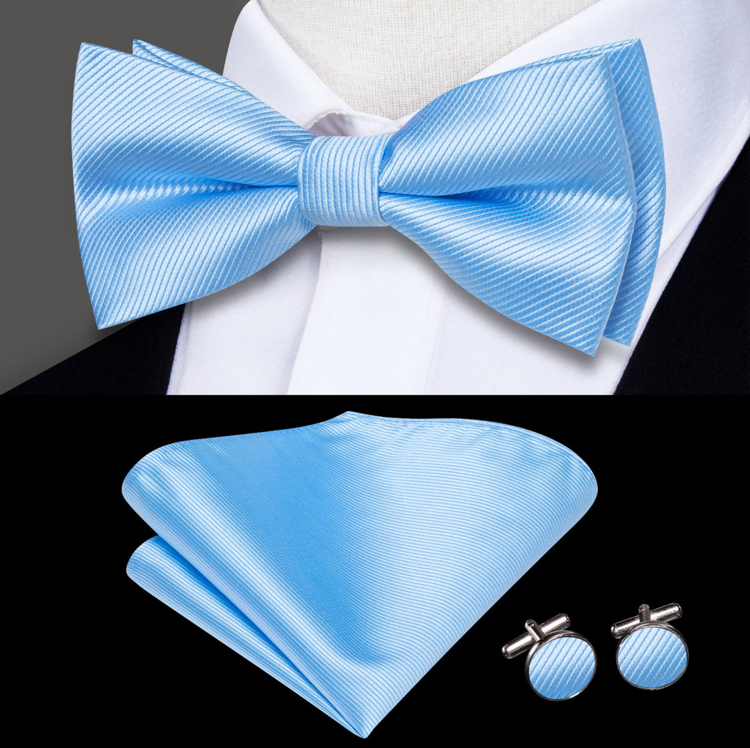 Light Blue Striped Pre-tied Bow Tie Hanky Cufflinks Set-LH-2514 - SimonVon Shop