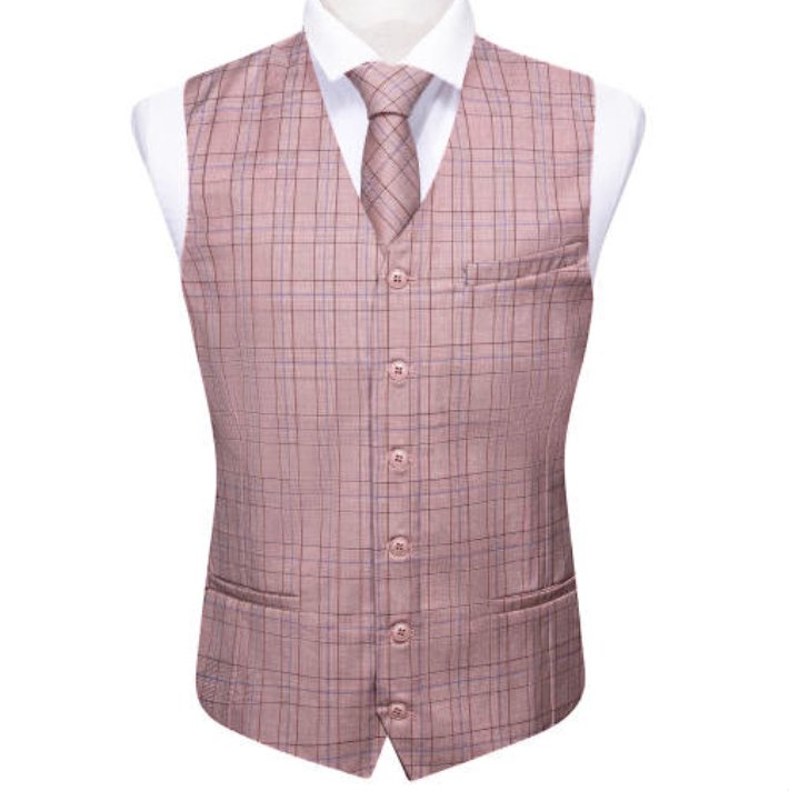 Light Pink Plaid Mens Waistcoat Wool Blend Tailored Collar/V-neck 3 Pocket Check Vest -MD-2324 - SimonVon Shop