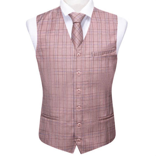 Light Pink Plaid Mens Waistcoat Wool Blend Tailored Collar/V-neck 3 Pocket Check Vest -MD-2324 - SimonVon Shop