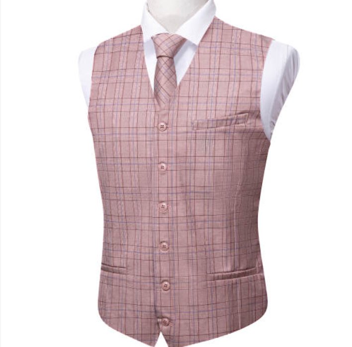 Light Pink Plaid Mens Waistcoat Wool Blend Tailored Collar/V-neck 3 Pocket Check Vest -MD-2324 - SimonVon Shop