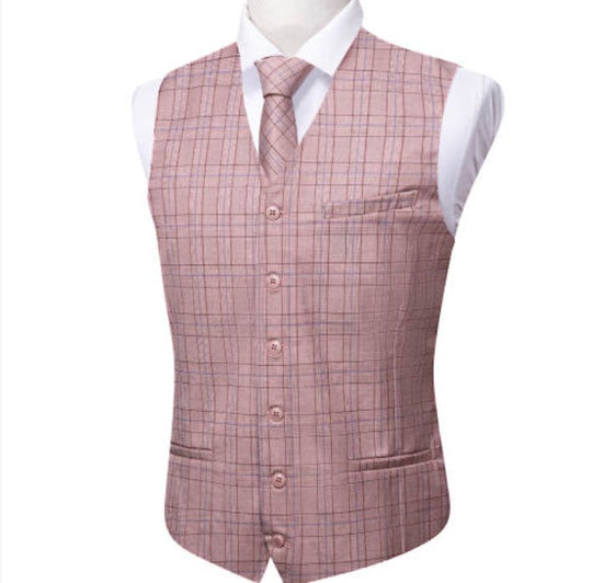 Light Pink Plaid Mens Waistcoat Wool Blend Tailored Collar/V-neck 3 Pocket Check Vest -MD-2324 - SimonVon Shop