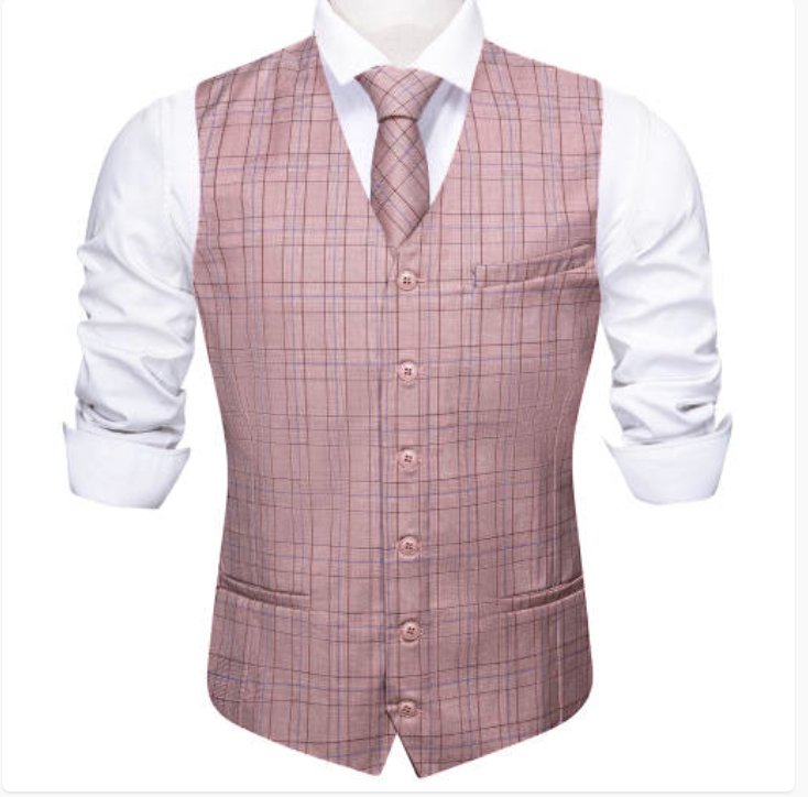 Light Pink Plaid Mens Waistcoat Wool Blend Tailored Collar/V-neck 3 Pocket Check Vest -MD-2324 - SimonVon Shop