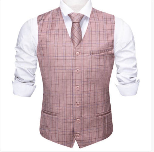 Light Pink Plaid Mens Waistcoat Wool Blend Tailored Collar/V-neck 3 Pocket Check Vest -MD-2324 - SimonVon Shop