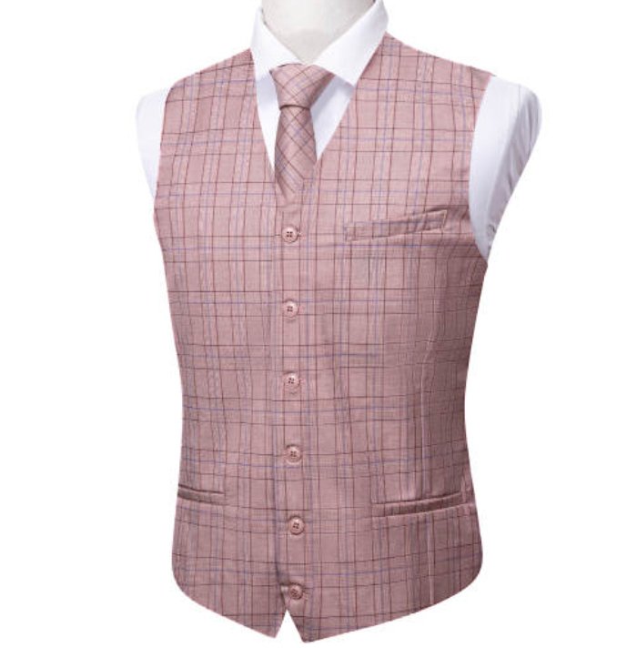 Light Pink Plaid Mens Waistcoat Wool Blend Tailored Collar/V-neck 3 Pocket Check Vest -MD-2324 - SimonVon Shop