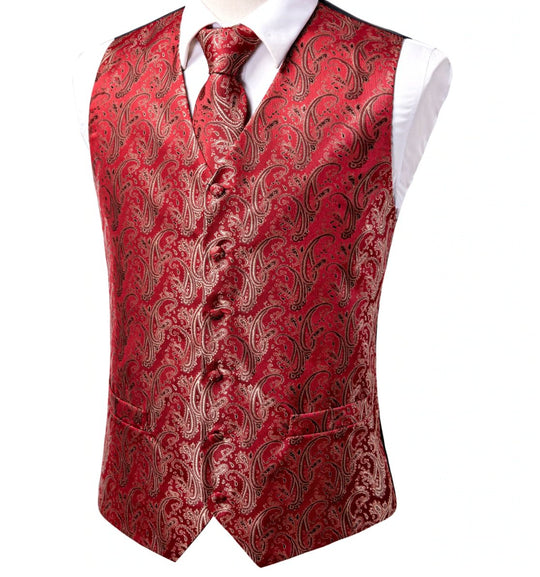 Light Red Paisley Silk Men's Vest Hanky Cufflinks Tie Set Waistcoat Set-MJ-0035 - SimonVon Shop