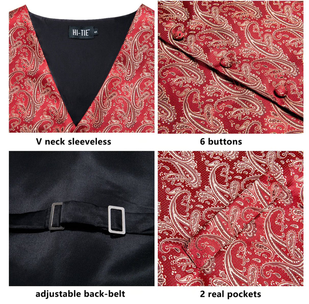 Light Red Paisley Silk Men's Vest Hanky Cufflinks Tie Set Waistcoat Set-MJ-0035 - SimonVon Shop