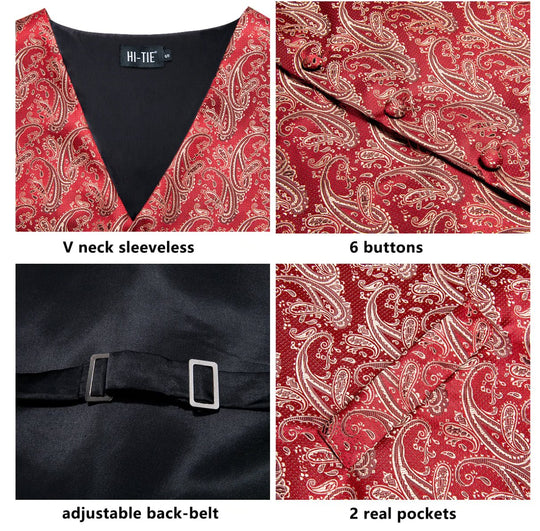 Light Red Paisley Silk Men's Vest Hanky Cufflinks Tie Set Waistcoat Set-MJ-0035 - SimonVon Shop