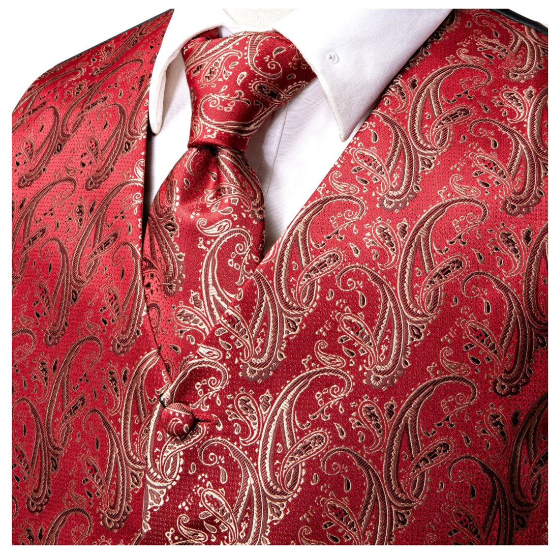Light Red Paisley Silk Men's Vest Hanky Cufflinks Tie Set Waistcoat Set-MJ-0035 - SimonVon Shop